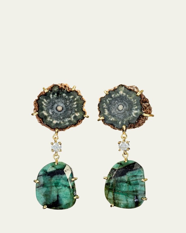 18k Bespoke 2-Tier One-of-a-Kind Luxury Earrings w/ Brown Stalactite, Faceted Emerald & Diamonds